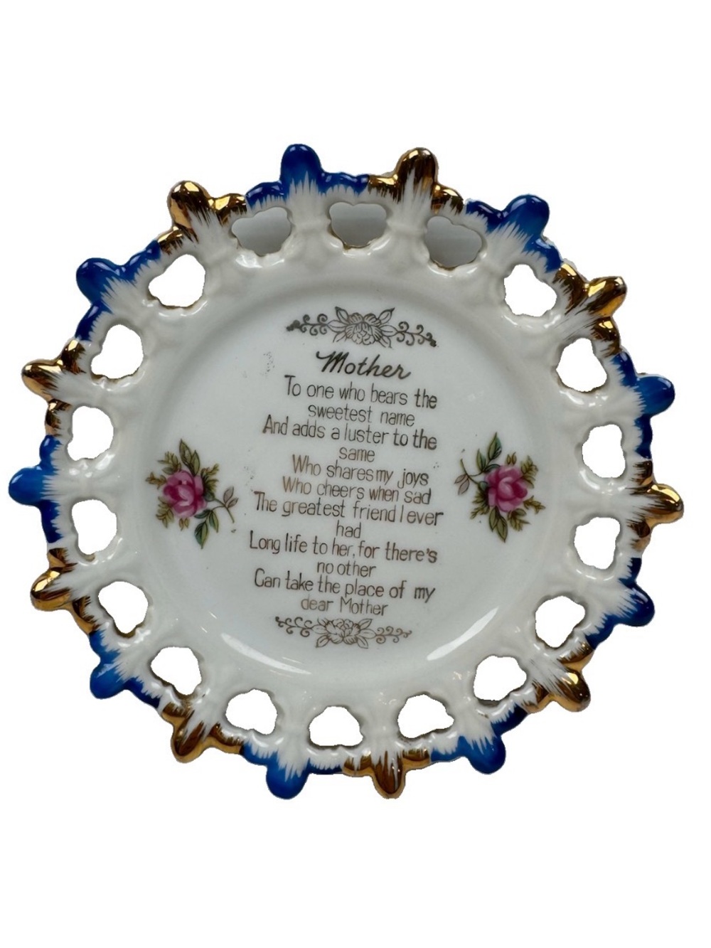 VTG Artmark Japan Porcelain Mother Poem Plate Blue Golfd Reticulated Lace 6” Wal